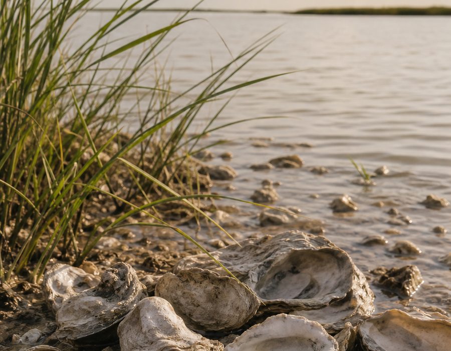 Oyster shells along the shoreline in Brazoria County, Texas
