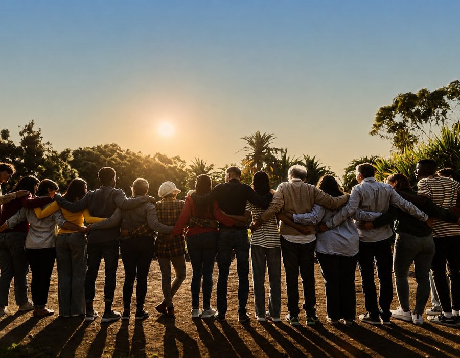 A diverse community group standing together at sunset